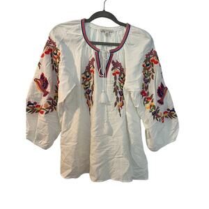 CATO WOMEN'S Peasant Top Embroidered White Boho Blouse SMALL